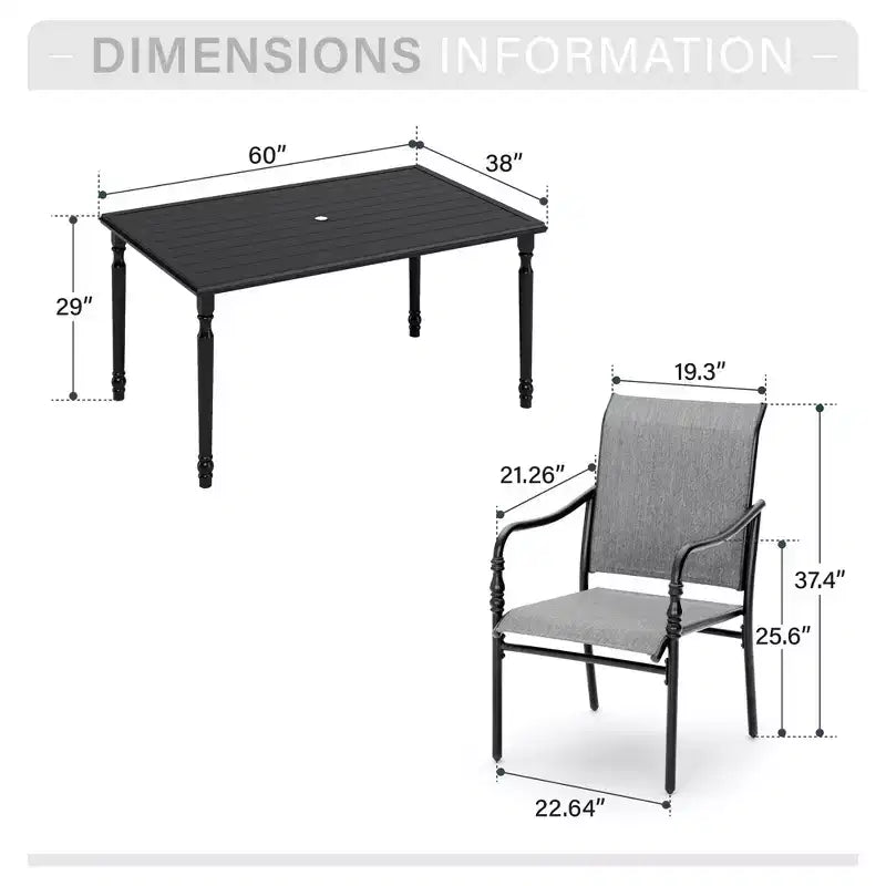 Captiva Designs 7 Pc Patio Outdoor Dining Set with Slat Tabletop Rectangular Table & Gray Textilene Fixed Chairs