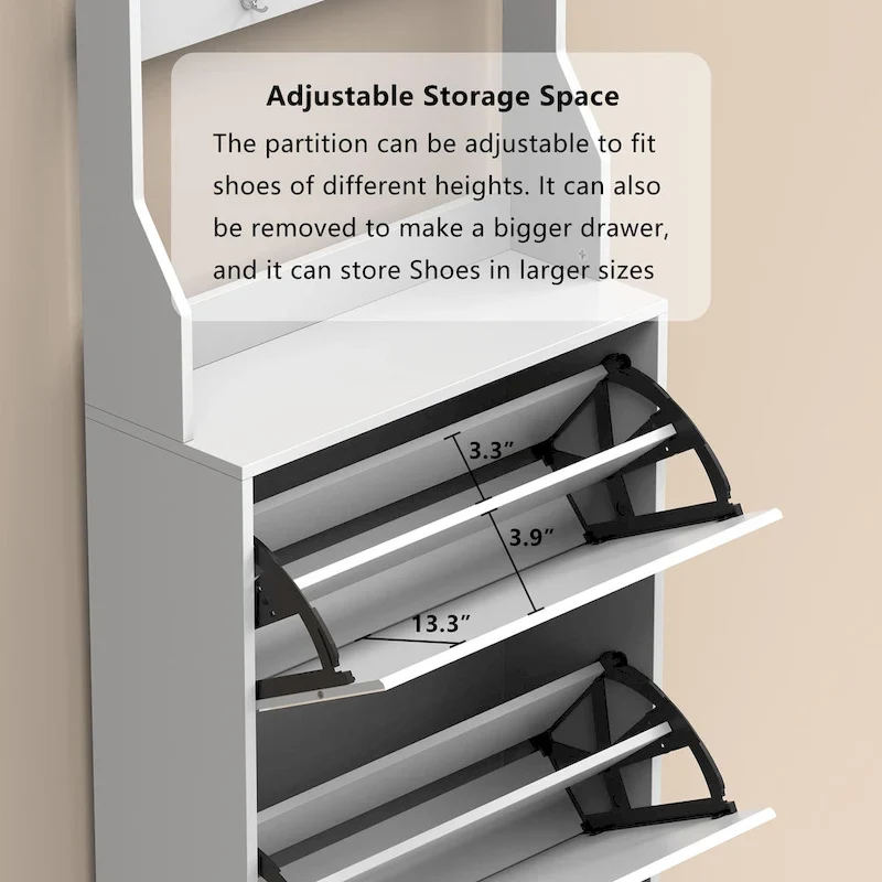 White Flip-Down Shoe Cabinet with Mirror Hooks Hanger Rod Tabletop Entryway Storage