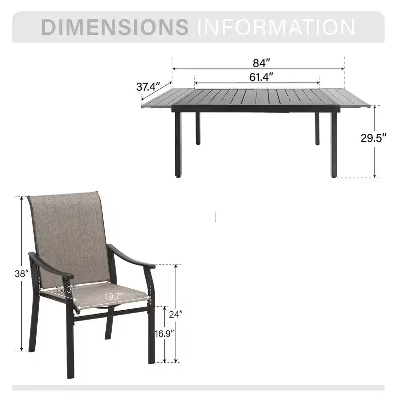 Captiva Designs 9pc Patio Dining Black Steel Rectangle Table & Brown Textilene Fixed Chairs