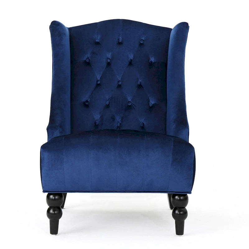 Upholstered Wingback Chair – Blue / Navy / Silver / Green, Button-Tufted Diamond Stitch, Birch Legs, Seats 1
