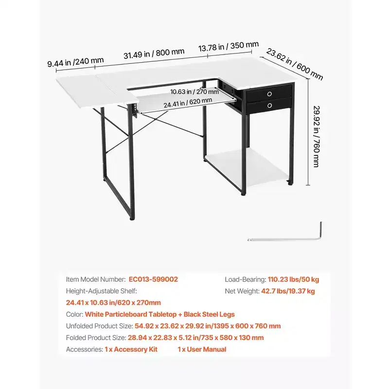 Multipurpose Sewing Machine Table with Drawers, Foldable Side Shelf, Adjustable Shelf, Steel Legs, White