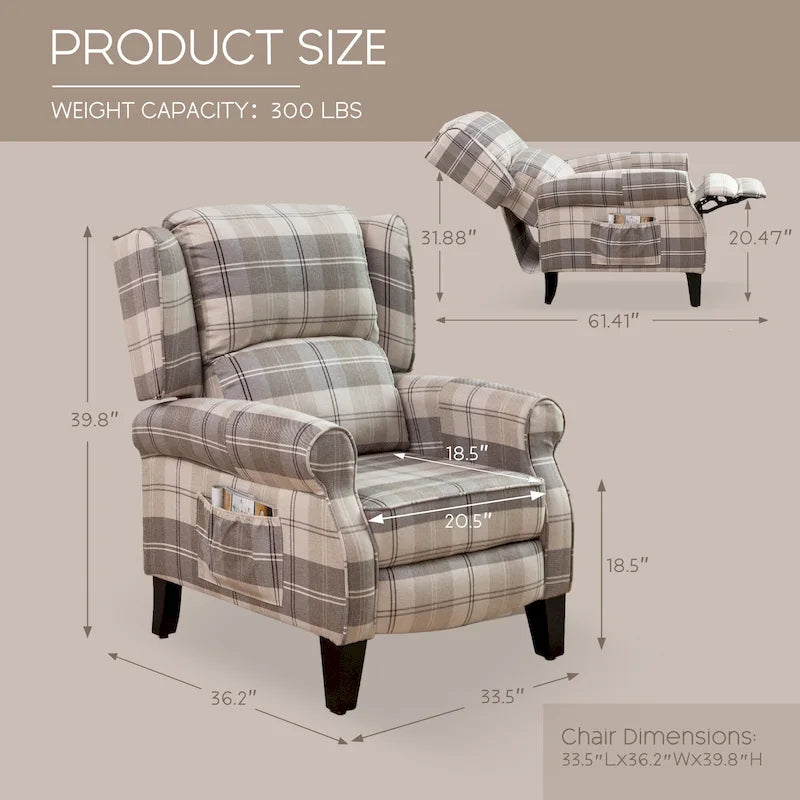 HOMYKA Polyested Upholstered Pushback Recliner Accent Chair Wingback Armchair