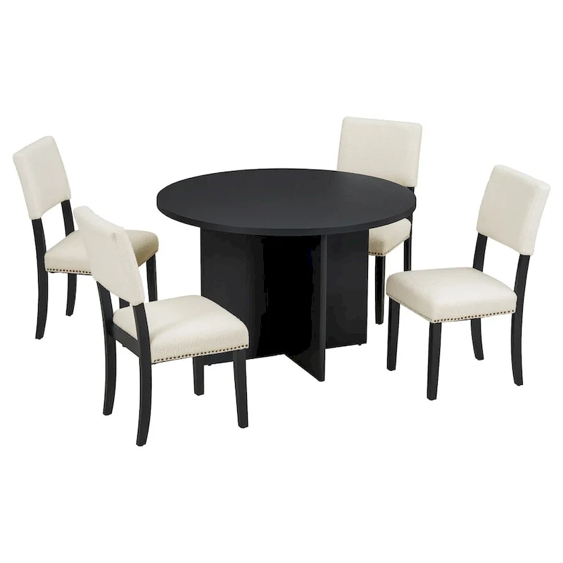 Modern 5-Piece Round Dining Table Set Pedestal Kitchen Table Set with 4 Upholstered Dining Chairs
