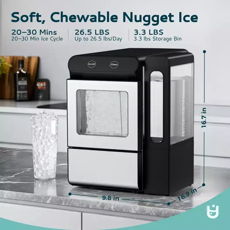 EUHOMY Nugget Ice Maker Countertop, 26.5 Lbs./Day, Smart Panel Control, Self-Cleaning, Compact Ice Machine with Scoop, Silver&Black