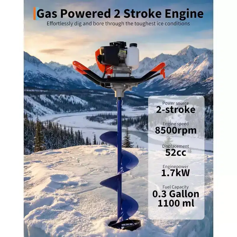 52CC 2-Stroke Gas Ice Auger for Fast Drilling. Features a 10 Diameter, 31.5 Length Auger, Heavy-Duty Construction, and EPA Certification.