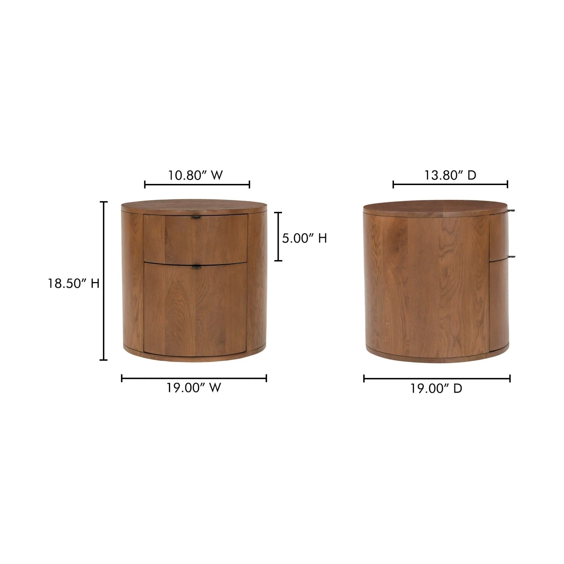 Minimalist Curved Solid Oak 2-Drawer Nightstand with Soft-Close Glides & Metal Pull for Bedroom
