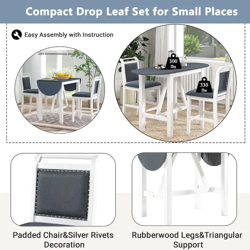 Rustic Style Wooden 3-Piece Dining Table Set with Drop Leaf and 2 Upholstered Dining Chairs