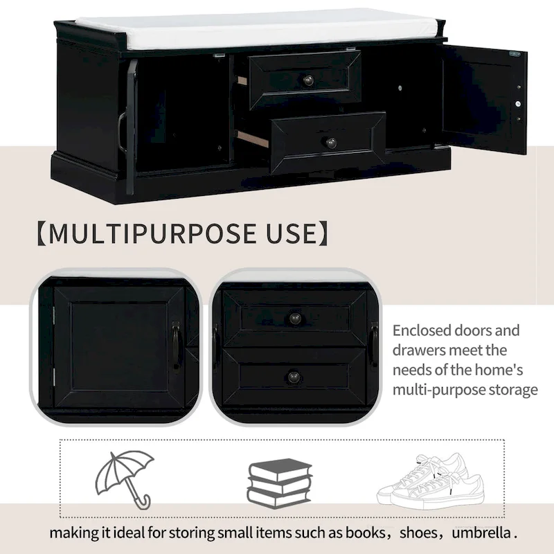 Storage Shoes Bench with 2 Drawers, 2 Cabinets and Removable Cushion