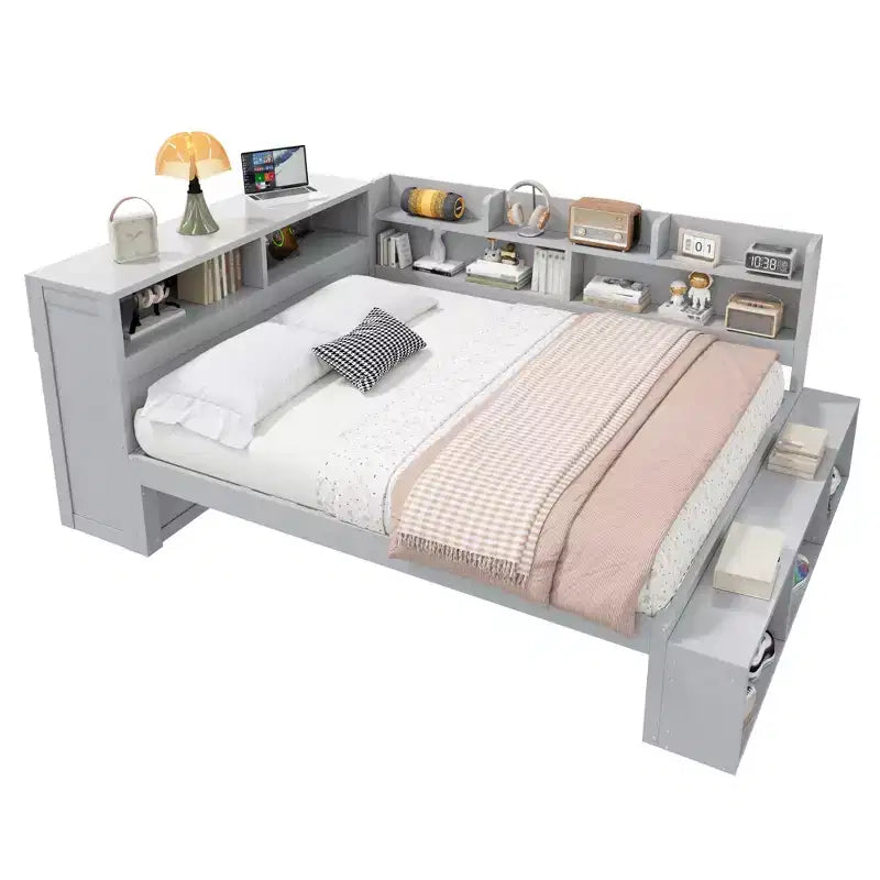 Full Daybed Frame, Solid Wood Daybed with Storage Cabinets and Shoe Cabinet