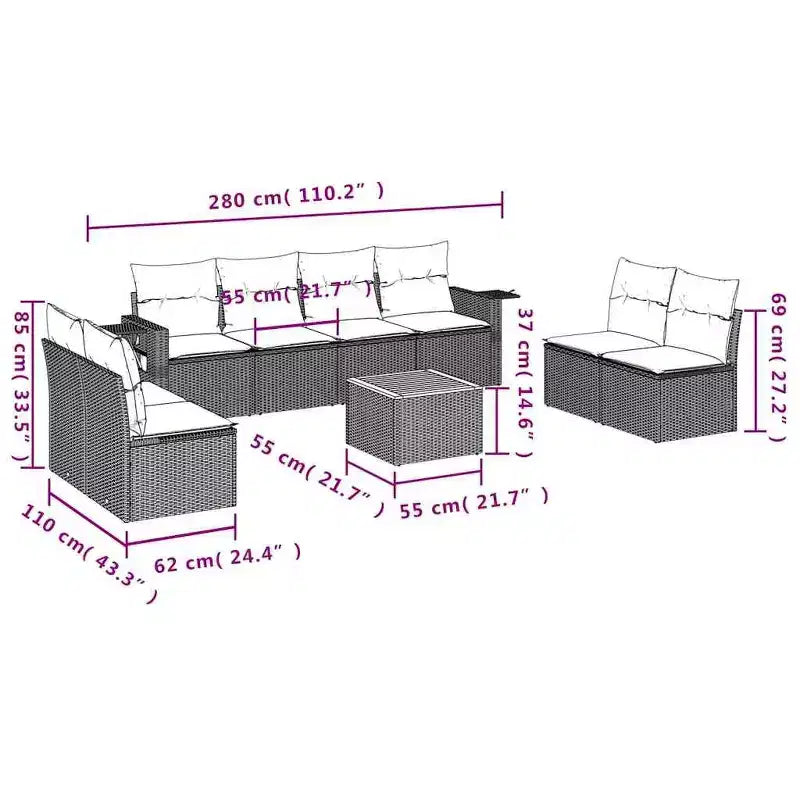 vidaXL 9 Piece Garden Sofa Set with Cushions Grey Poly Rattan