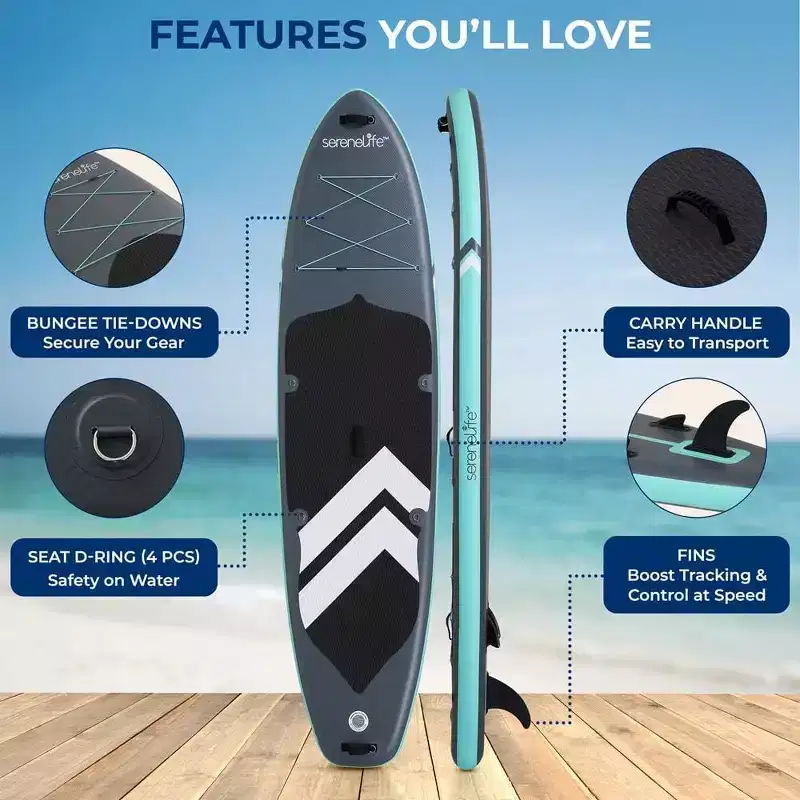 SereneLife Inflatable Stand-Up Paddleboard with Double-Action Pump - Black