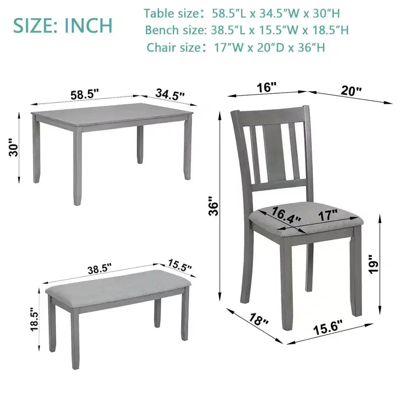 MAYEERTY 6-Piece Dining Set for 6, Wooden Rectangular Table + 4 Upholstered Chairs & Bench, Gray