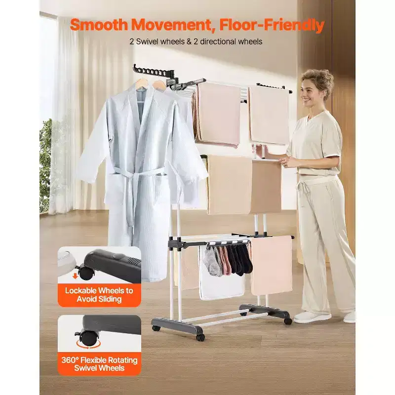 4-Tier Foldable Clothes Drying Rack with Wheels and Side Wings, 77 lbs Capacity