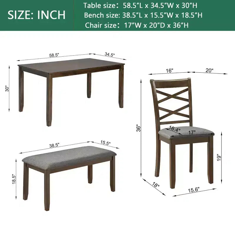 MAYEERTY 6-Piece Dining Set for 6, Wooden Rectangular Table + 4 Upholstered Chairs & Bench, Gray