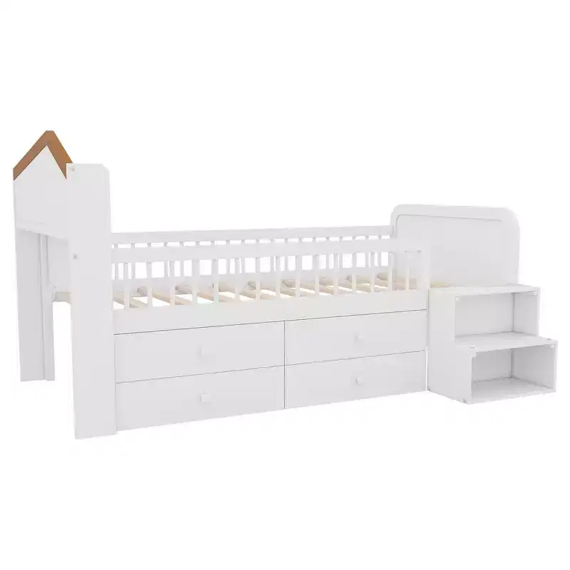 Whisen Low Twin Loft Bed with LED Lights, House Shape Headboard & Storage Drawers, Solid Construction