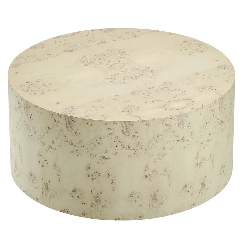 Round Burl Wood Coffee Table – Natural / Off White, Mid-Century Style