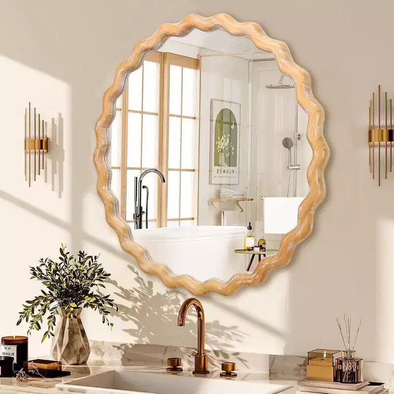 28 Round Wavy Wall Mirror, Whitewashed Scalloped Wood Finish Decorative Mirror for Living Room, Bathroom Vanity - Panipeachy