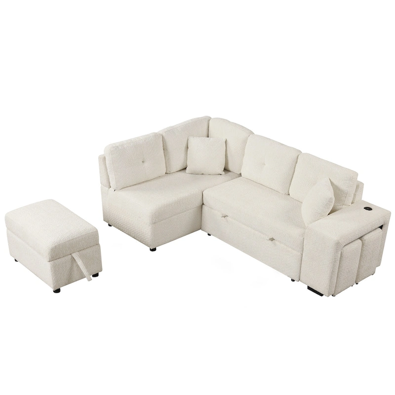 Roomfitters Convertible Sleeper Sectional Sofa Bed with Storage Ottoman, Two Throw Pillows, Two Stools, Wireless Charger