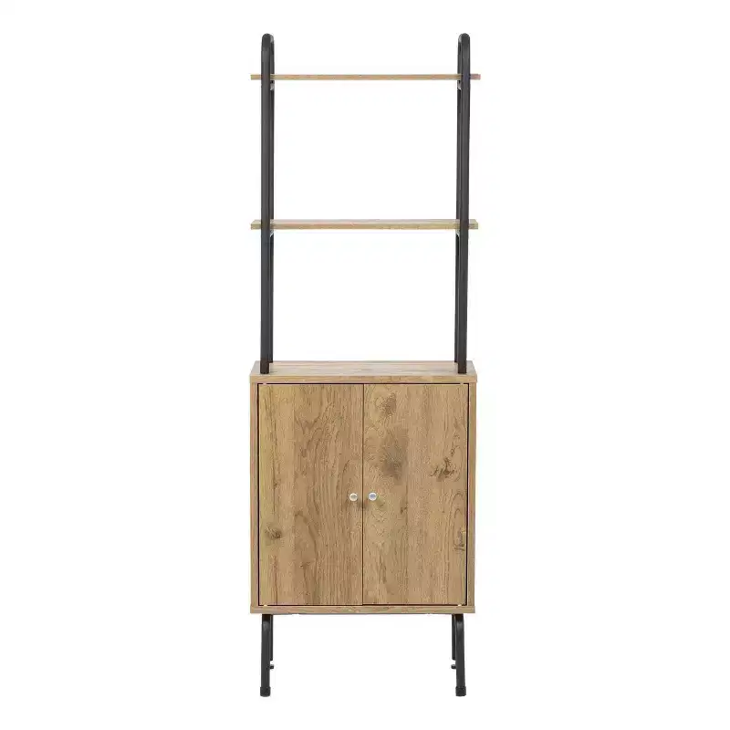IRIS Storage Cabinet with Doors and Shelves: MDF Composite & Metal, 3 Open Shelves, Decorative Wall Shelf Set, Black/Brown