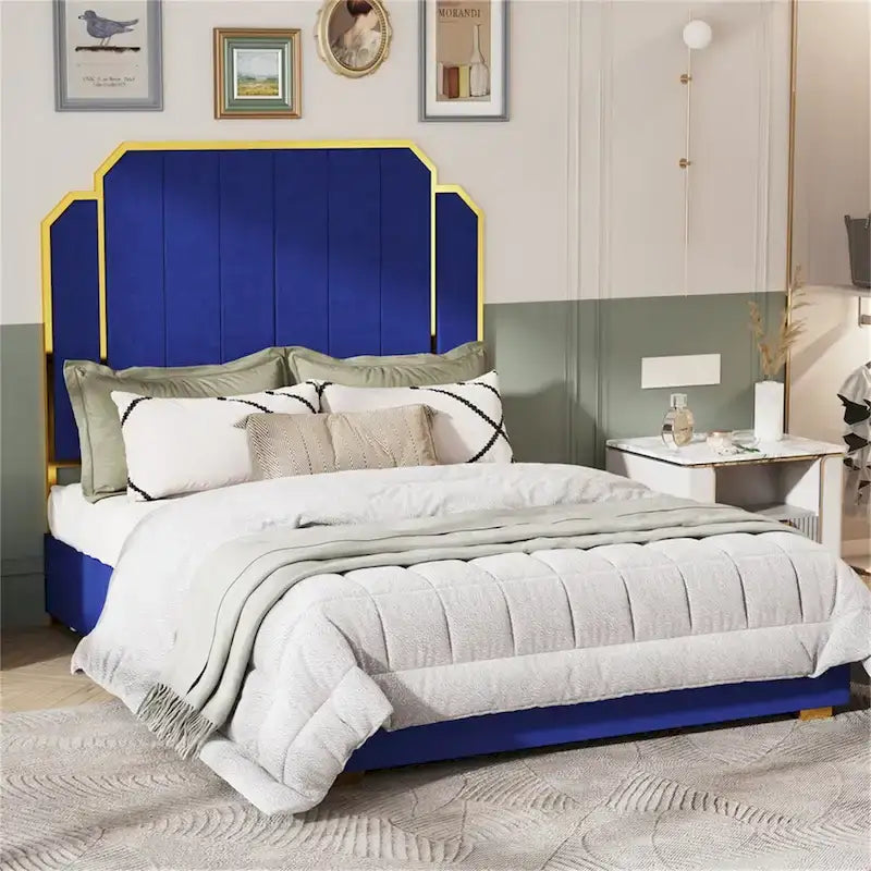 Queen Velvet Platform Bed – Gold + Creamy White / Black / Blue, Channel Headboard, 4 Storage Drawers, Sleeps 1