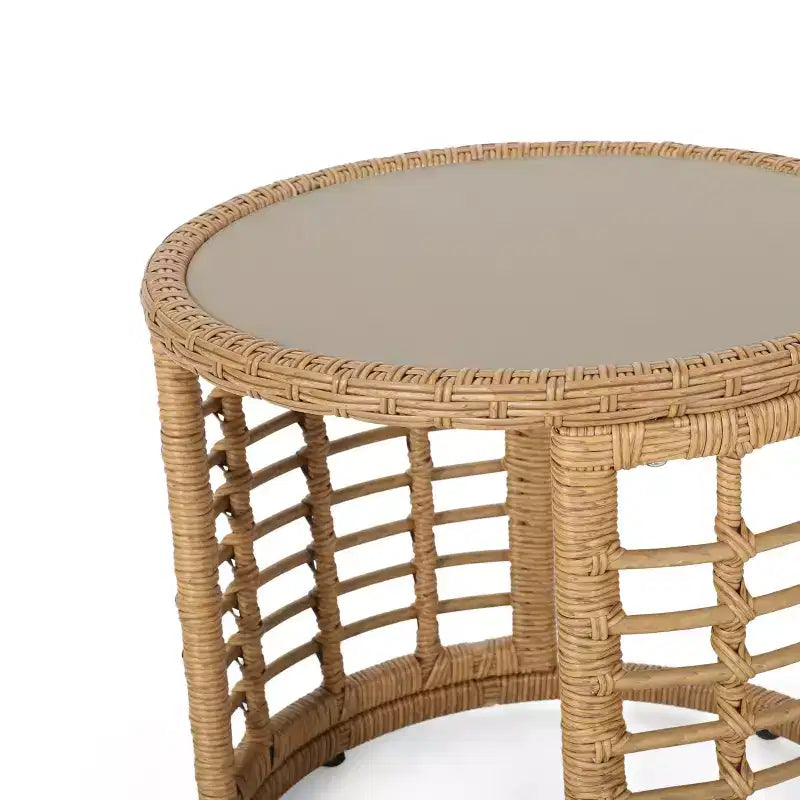 Christopher Knight Home Specter Outdoor Wicker and Tempered Glass 3 Piece Chat Set with Cushion, Light Brown/Beige