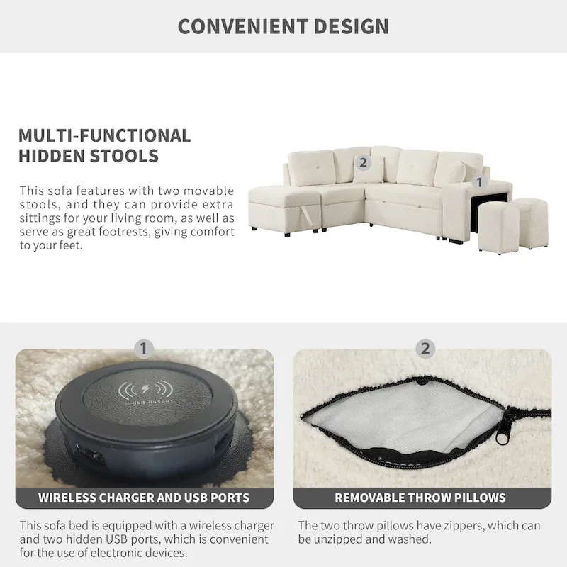 Roomfitters Convertible Sleeper Sectional Sofa Bed with Storage Ottoman, Two Throw Pillows, Two Stools, Wireless Charger