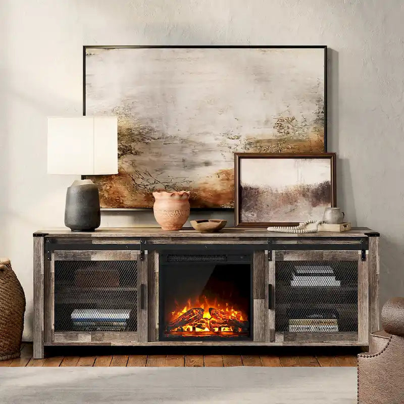 3-Sided Glass Electric Fireplace Insert – Gray & Blue Light / Black, Freestanding or Insert, 18 or 36 Inch