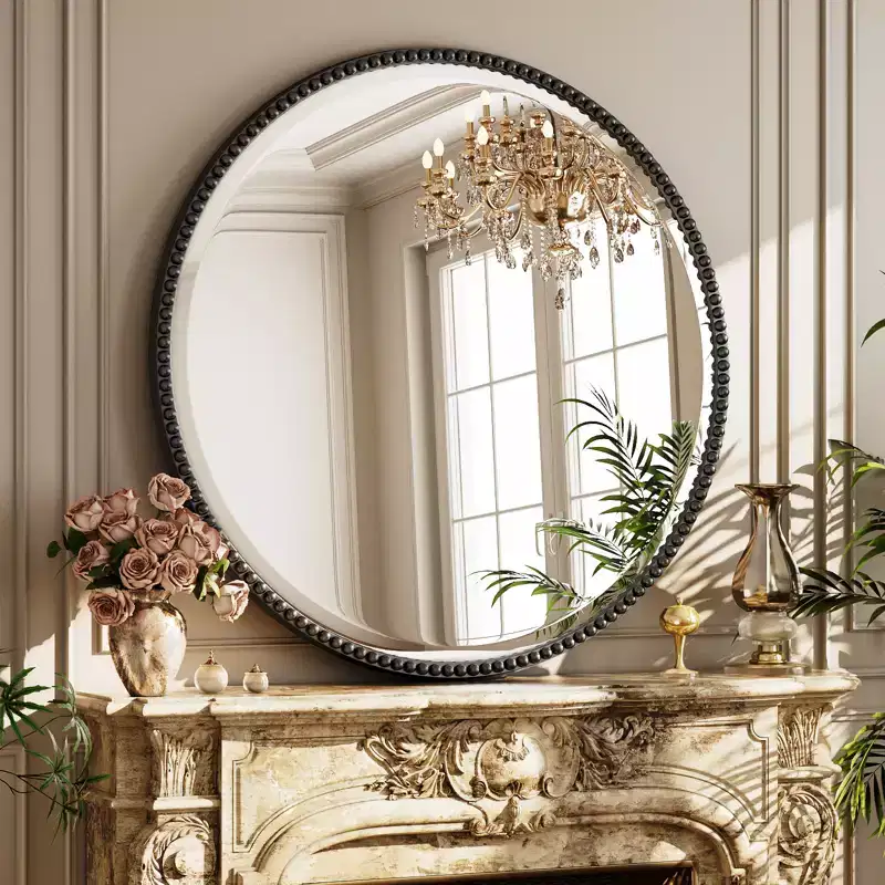 Beaded Round Wall Mirror - Decorative Vanity Bathroom Mirror with Resin Frame