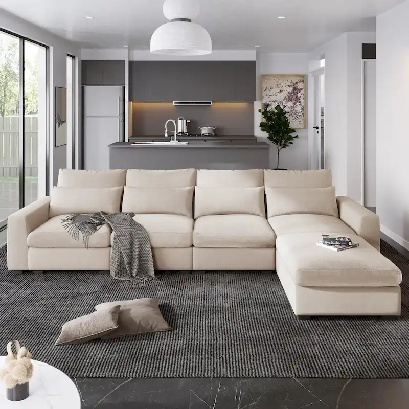 L-Shape Sectional Sofa with Reversible Chaise and Feather-Filled Cushions