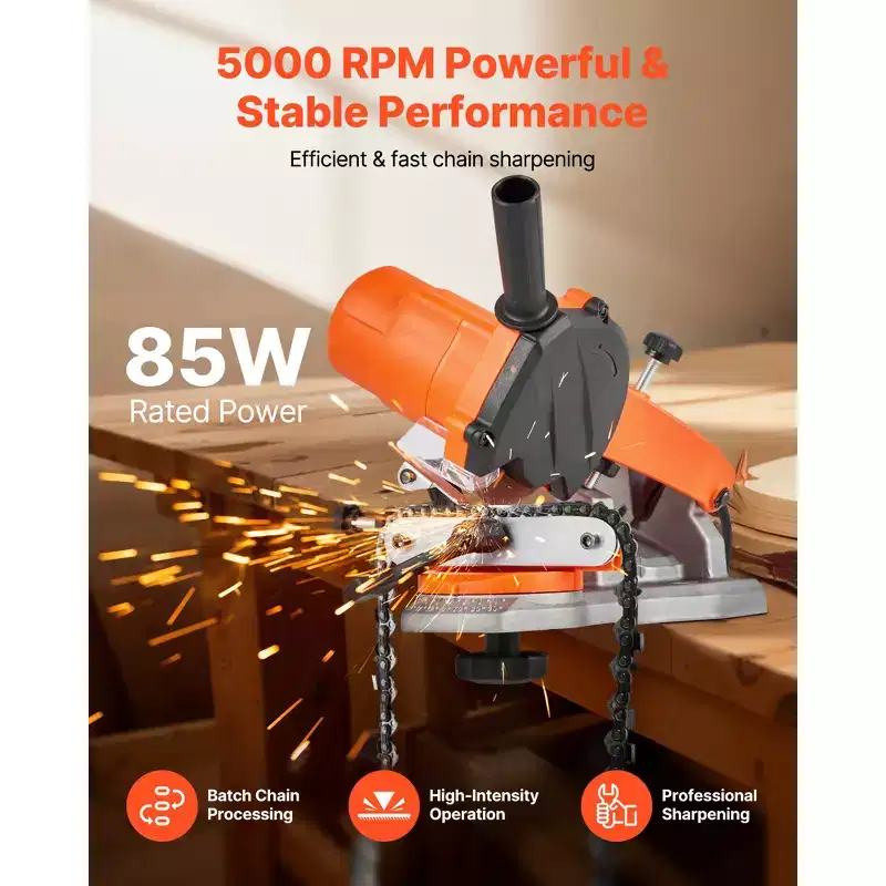 VEVOR Electric Chainsaw Sharpener, 85W Bench Saw Chain Sharpener 5000RPM, Chainsaw Sharpening Tool with 2 Grinding Wheels & LED Light, Orange&Black