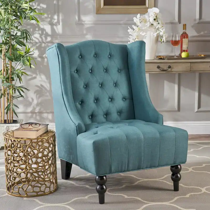 Upholstered Wingback Chair – Blue / Navy / Silver / Green, Button-Tufted Diamond Stitch, Birch Legs, Seats 1