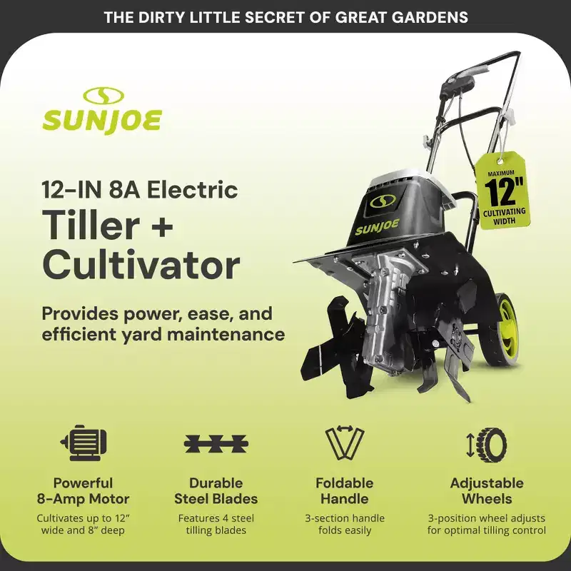 Sun Joe Electric Garden Tiller/Cultivator, 3 Position Height Adjustment, TJ602E