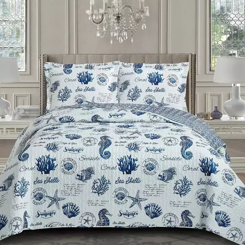Egyptian Linens Seaside Sea Shells Quilt - Bedspread Set
