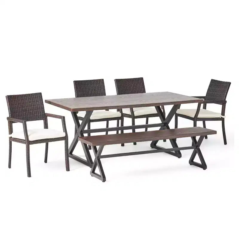 Christopher Knight Home Aisha Outdoor Wicker and Aluminum 6 Piece Dining Set with Bench, Multibrown/Brown