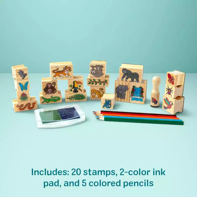 Melissa & Doug Stamp-a-Scene Stamp Set: Rain Forest - 20 Wooden Stamps, 27-Piece Set for Kids, Animals Theme