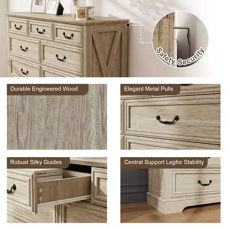9 Drawer Farmhouse Dresser, Rustic Chest of Drawers with Ample Storage, Solid Wood Look & Metal Handles, Bedroom Clothes Organizer