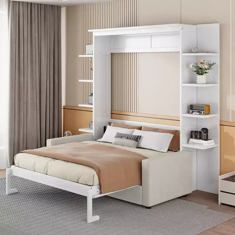 Queen Murphy Bed Wall Bed with Sofa, Queen Size Cabinet Bed Folding Wall Bed with Bookshelf and Shelves for Guest Room Office