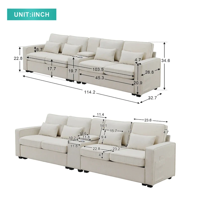 114.2 Upholstered Sofa with Console, Cup Holders and USB Charging