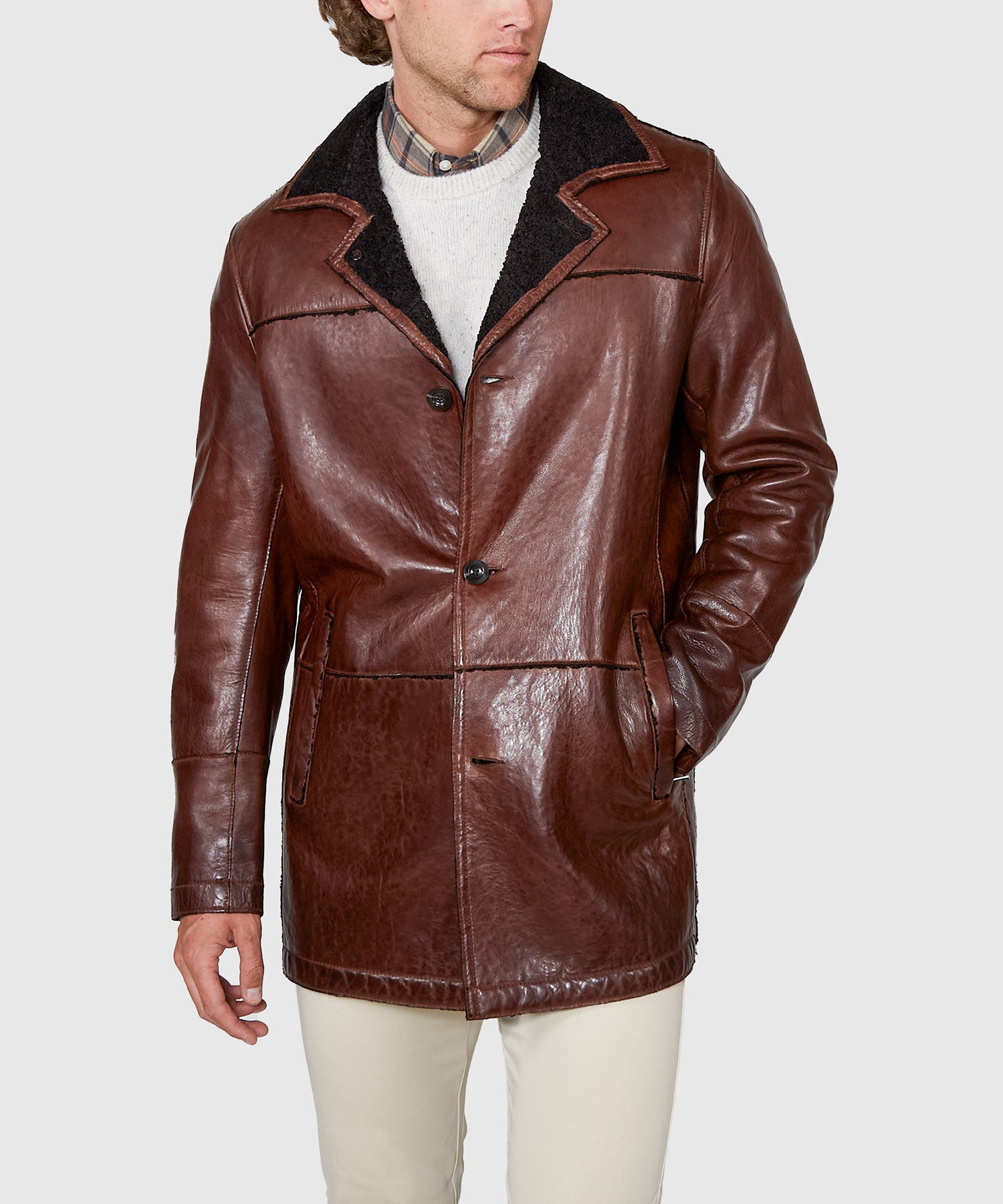 Mid-Length Lambskin Leather Jacket – Walnut