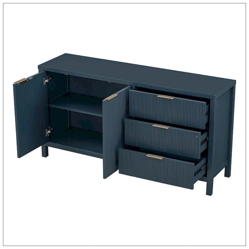 Wave-Pattern Sideboard – Navy Blue, MDF, Acacia Wood Legs, Aluminum Handles, 2 Doors & 3 Drawers