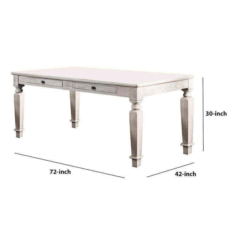 Distressed White Solid Wood Dining Table with 2 Drawers and Tapered Legs for 4–6 Person