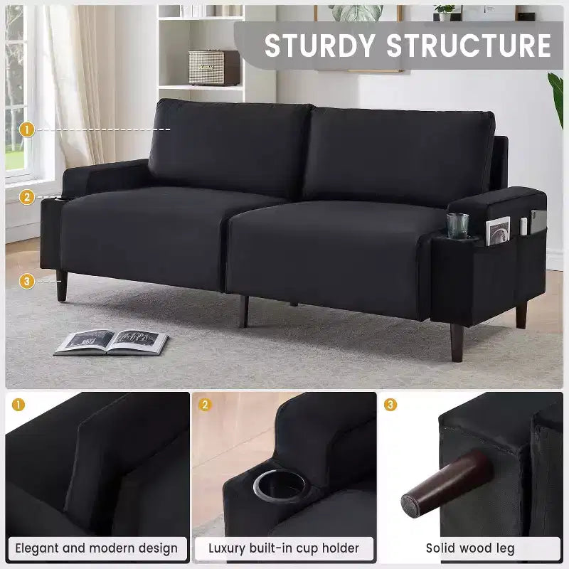 81'' Modern Loveseat Sofa, Small Couches with Cup Holder & Storage Bag, 3-Seater Deep Seating with Soft Cushions & Sturdy Frame for Home Office
