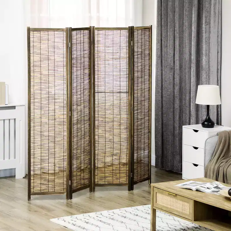 5.5' Tall Room Divider with Wood & Hand Woven Reed, 4 Panel Folding Privacy Screens, Portable Partition Wall Divider