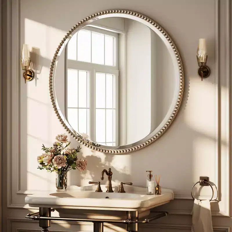 Beaded Round Wall Mirror - Decorative Vanity Bathroom Mirror with Resin Frame