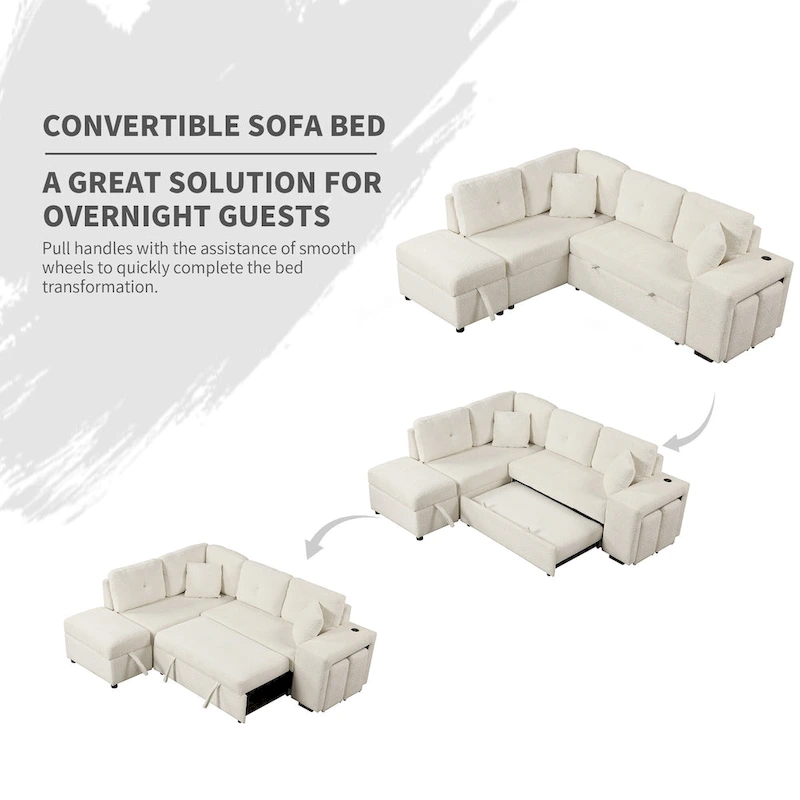 Roomfitters Convertible Sleeper Sectional Sofa Bed with Storage Ottoman, Two Throw Pillows, Two Stools, Wireless Charger