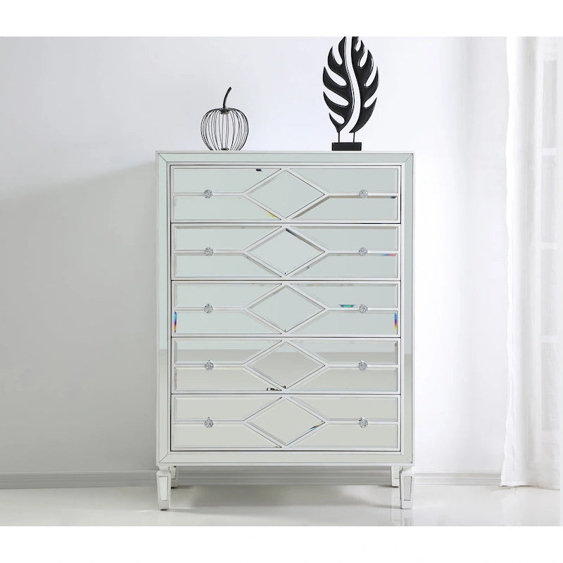 5-Drawer Chest – Antique White / Silver, Beveled Mirror Panels, Crystal Knobs, Hand-Painted Finish