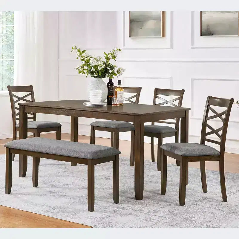 MAYEERTY 6-Piece Dining Set for 6, Wooden Rectangular Table + 4 Upholstered Chairs & Bench, Gray