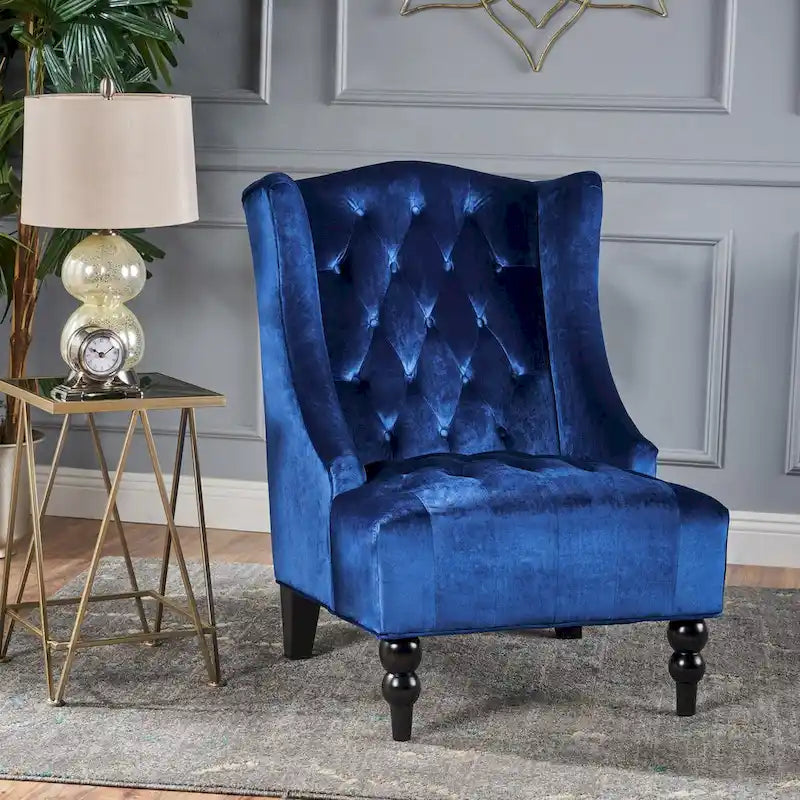 Upholstered Wingback Chair – Blue / Navy / Silver / Green, Button-Tufted Diamond Stitch, Birch Legs, Seats 1