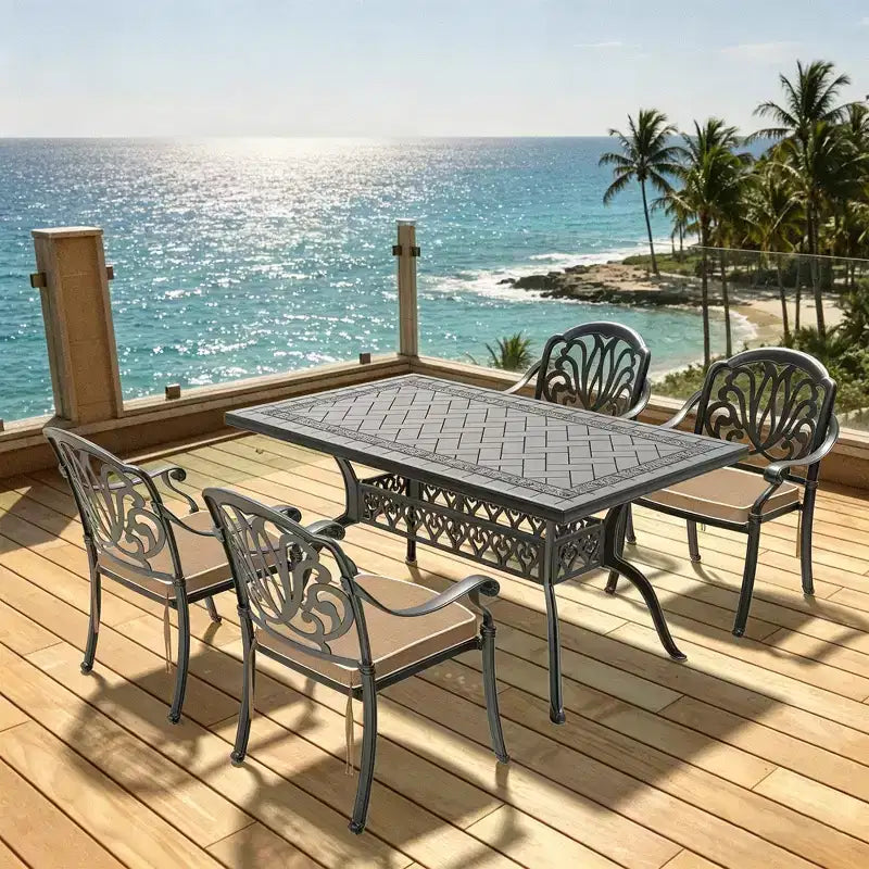 5-Piece Rectangular Cast Aluminum Patio Dining Set for Outdoor Backyard Garden Deck Poolside with Cushions
