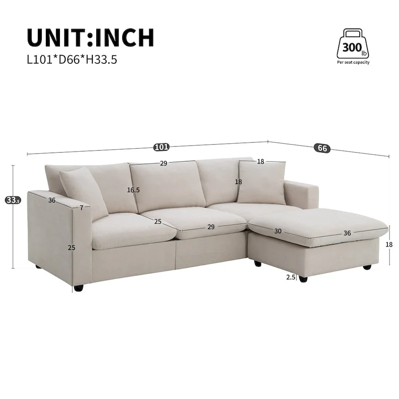 White L-Shaped Sectional Sofa with Ottoman, Seats 5